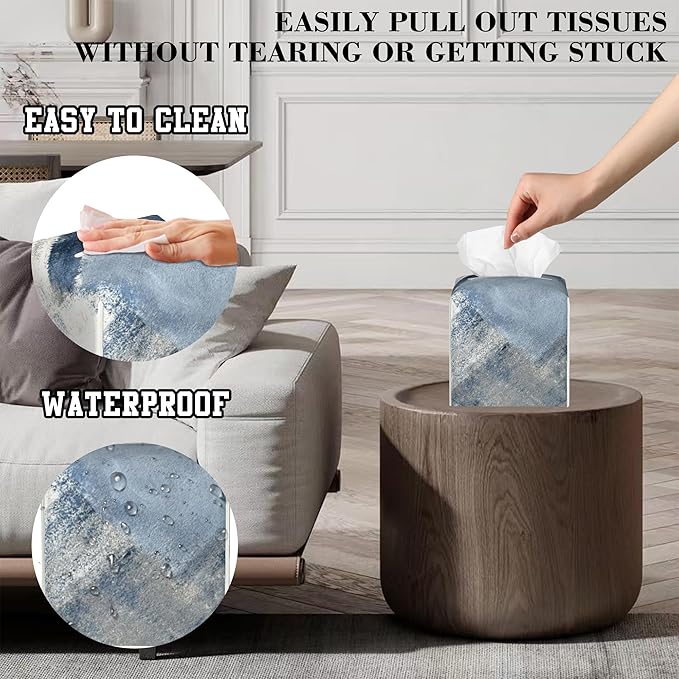 OHEGBXE Tissue Box Holder Blue and Grey Abstract Art Square Leather Tissue Box Cover Modern Cube Facial Paper Cover Case for Bathroom Vanity Countertop Night Stands Tabletop