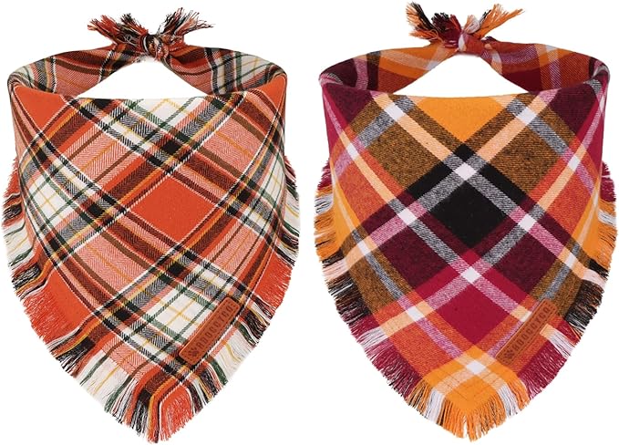 ADOGGYGO Fall Dog Bandana with Tassels Edges, Stylish Orange Plaid Pet Scarf, Multiple Size, Thanksgiving Halloween Fall Bandanas for Small Dogs (Small)