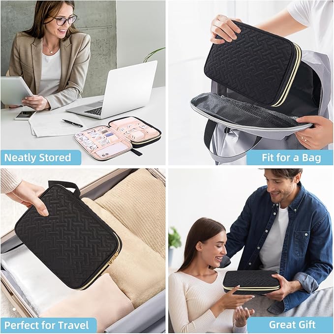 ZFZGFRCS Electronics Organizer Travel Case, Charger Bag Cord Organizer Travel, All-in-One Cable Organizer Bag for Charger, Cords, Phone, Headphones, Flash Drive, SD Card (Black, Large-Double Layer)