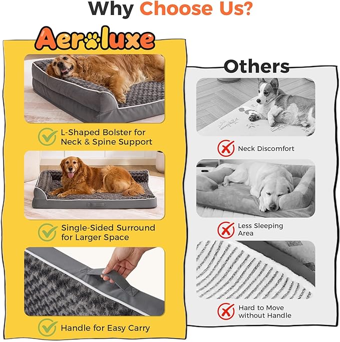 Aeroluxe Dog Bed Large Sized Dogs, XXL Orthopedic Dog Bed for Large Dogs, Waterproof Pet Bed with Washable Removable Cover, L-Shaped Pet Couch with Portable Handle 48"x35"x7.5", Dark Grey
