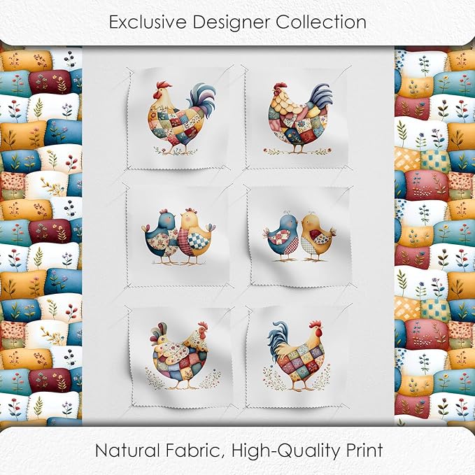 Farmhouse Chicken Patchwork Cotton Fabric Panel – 6 Designs (10×10 inch Each) + Bonus Patchwork Sheet 29.5×19.6 inch, 100% Cotton 140 GSM