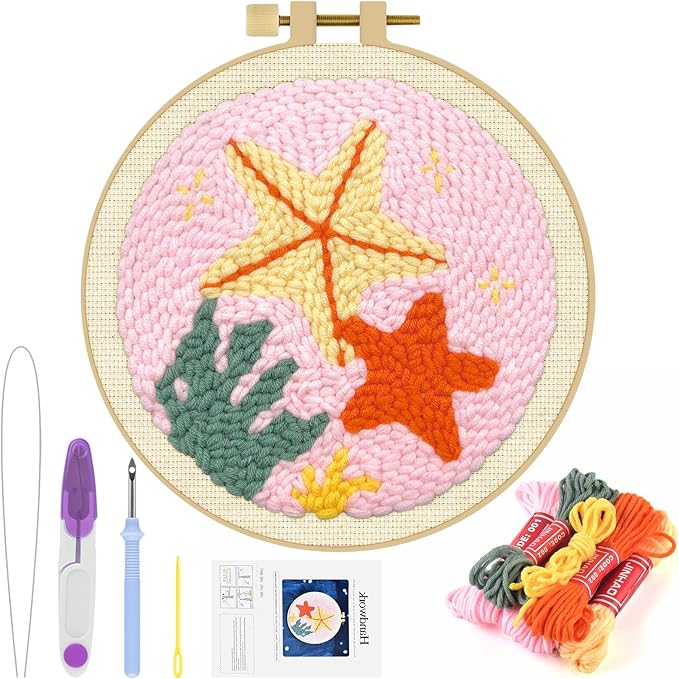 ERKOON Punch Needle Kit Adults Beginners, DIY Easy Sea Animals Embroidery Set for Starter Art Craft, Needling Punch Project with Patterns, Tools, Yarns, Hoop, Instruction (Starfish)
