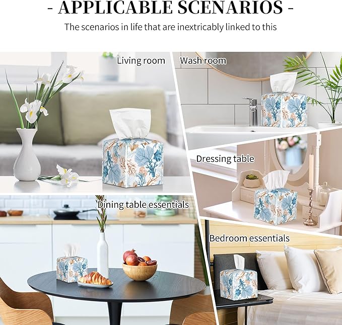 POIUBLE Tissue Box Holder Watercolor Blue Corals Tissue Box Cover Square Leather Tissue Holder Organizer Portable Decorative Facial Paper Case for Home Office Bathroom Vanity Countertop