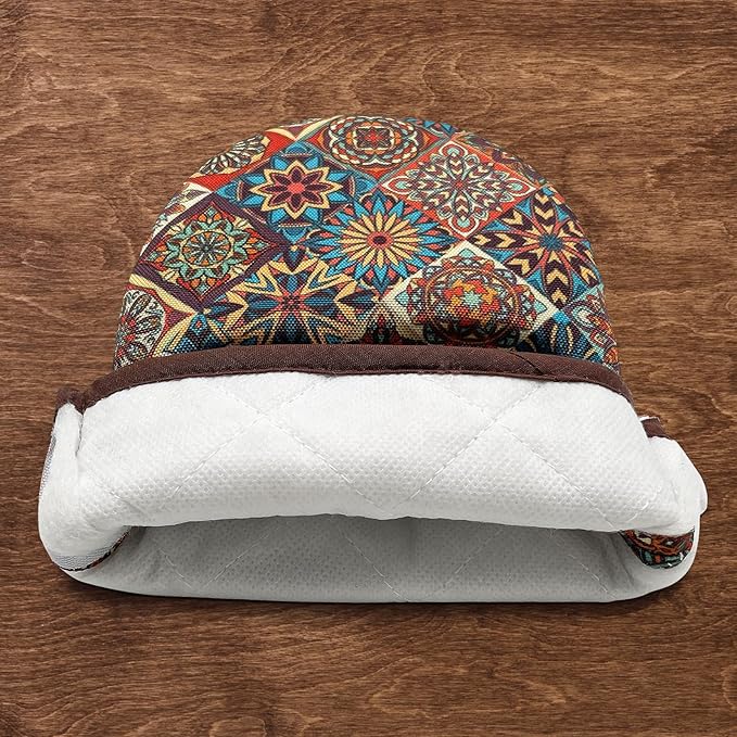 Vintage Bohemian Boho Mandala Floral Mini Silicone Oven Mitts, Heat Slip Resistant Kitchen Gloves 2-Pack Set, Soft Short Small Oven Mittens Pot Holders for Baking Grilling Barbecue Microwave Gift