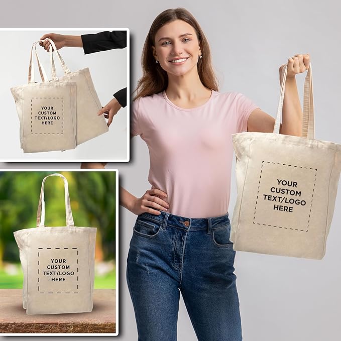 DISCOUNT PROMOS Custom Cotton Canvas Tote Bags Set of 100 - Personalized, Reusable, Perfect for Grocery, Promotions, Branding - Natural Color, 14.25"X15.5"X5", 10 OZ Cotton