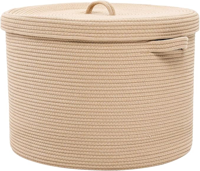 20" x 20" x 15" Extra Large Storage Basket with Lid, Cotton Rope Storage Baskets, Laundry Hamper, Cloth Bin, for Clothes Towels Blankets Pillows Storage in Living Room, All Beige