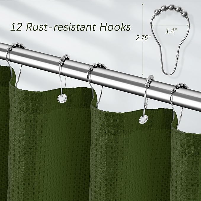 PANGSINNE Green Shower Curtain for Bathroom Waffle Textured Heavy Duty 78 Inch Shower Curtain Set for Bathroom, Water Repellent 256GSM Neutral Fabric Shower Curtains with 12 Metal Hooks, 72Wx78H