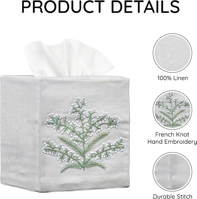 EmbroideryLinen.VN Tissue Box Cover Set of 2, Square Linen Tissue Holder, French Knot Hand Embroidered Floral Design, 4.5x4.5x5.5 Inches, Decorative for Bathroom, Living Room, Office (Grey & Pink)
