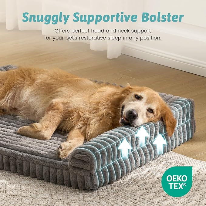 COZY KISS Cute Dog Bed for Extra Large Dogs, Faux Rabbit Fur Orthopedic Foam Dog Bed with Sides, Removable Washable Cover & Waterproof Lining, Comfortable Pet Couch, Grey (48" L x 35" W x 7.5" Th)
