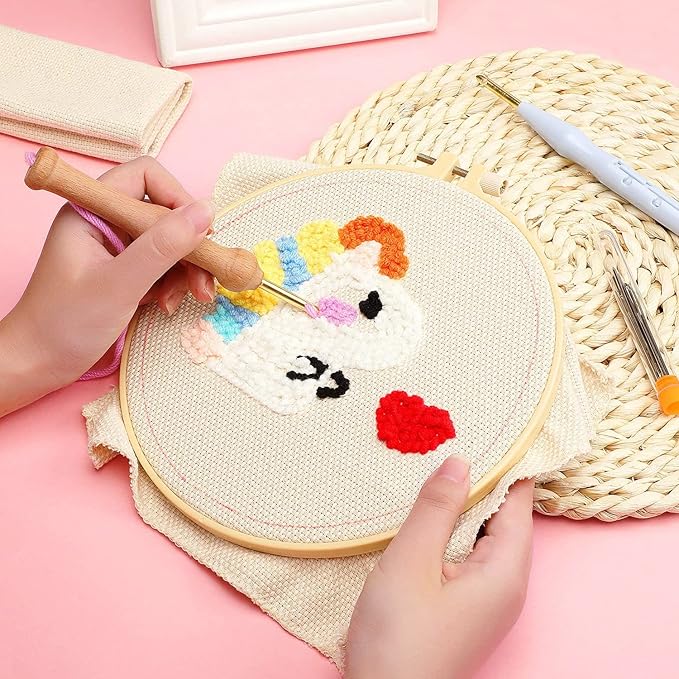 Allazone 3 Set Punch Needle Embroidery Starter Kits for Beginners, Include Punch Needle Fabric with Yarns, Embroidery Hoops, Threader Tools and Instructions, Rainbow and Moon Pattern