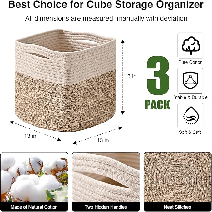 ICERZCZ 13 Inch Cube Closet Storage Bins, Woven Cotton Rope Organizer Baskets for Organizing & Shelves, Books, Towels, Clothes, Toys, 13x13x13 in, Off White & Brown (Pack of 3)