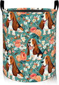 ainori Basset Hound Dog Floral Laundry Basket, Oxford Cloth Playful Dirty Clothes Collapsible Hamper for Room Decor, Puppy and Flower Print Gifts Toy Organizer 19.7*15.8 Inch for Bedroom Bathroom Dorm