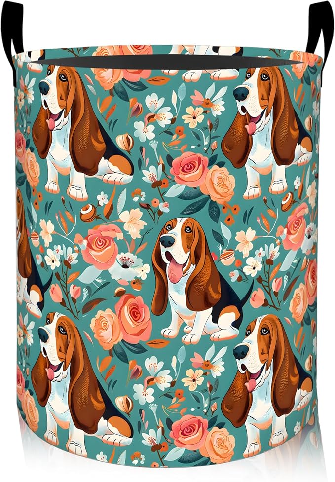 ainori Basset Hound Dog Floral Laundry Basket, Oxford Cloth Playful Dirty Clothes Collapsible Hamper for Room Decor, Puppy and Flower Print Gifts Toy Organizer 19.7*15.8 Inch for Bedroom Bathroom Dorm