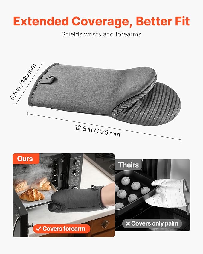 VEVOR Oven Mitts, Mini Oven Mitt Set with Non-Slip Silicone Strips, High Heat Resistant to 500℉, Lightweight Cotton Baking Mitts 13.07 x 6.1 inch with 2 No-Marks Hooks for Home, Kitchen, 2 Piece