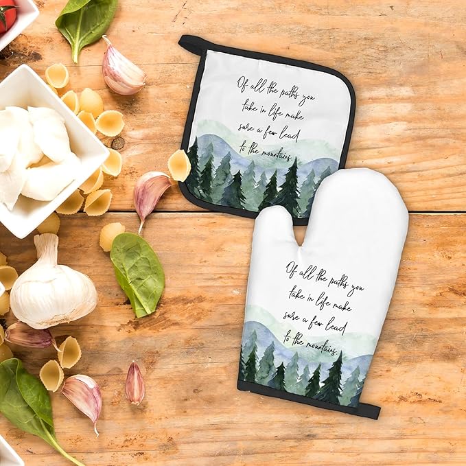 Rustic Mountain Cabin Decor Oven Mitts and Pot Holders Sets, Forest Camper Gifts Kitchen Accessories Sets, of All The Paths You Take in Life Heat Resistant Oven Glove Potholders for Kitchen