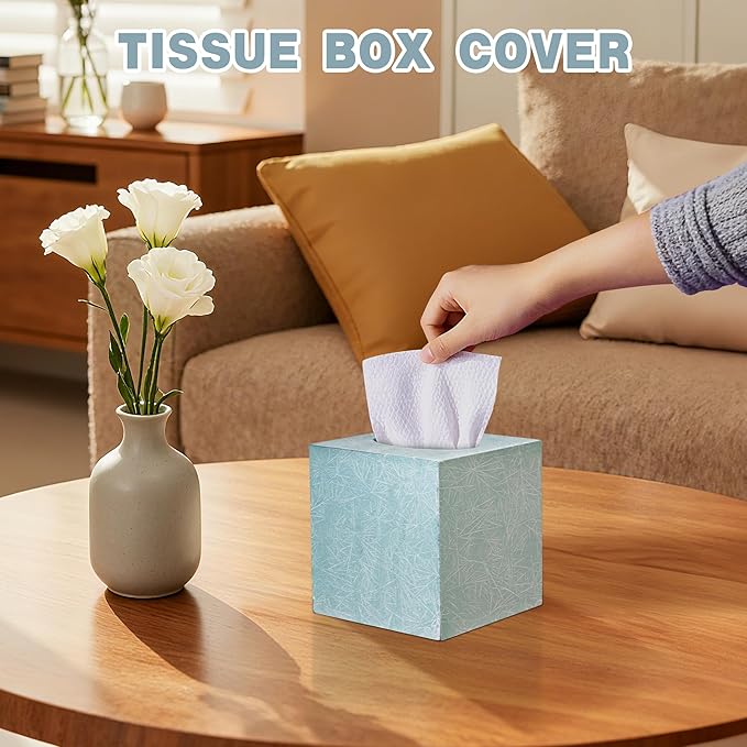 Tissue Box Cover Square, Blue Wooden Tissue Box Holder with Slide-Out Bottom, Decorative Cube Wall Mounted Tissue Holder for Desktop Nightstand Bathroom Office, Modern Farmhouse Home Decor