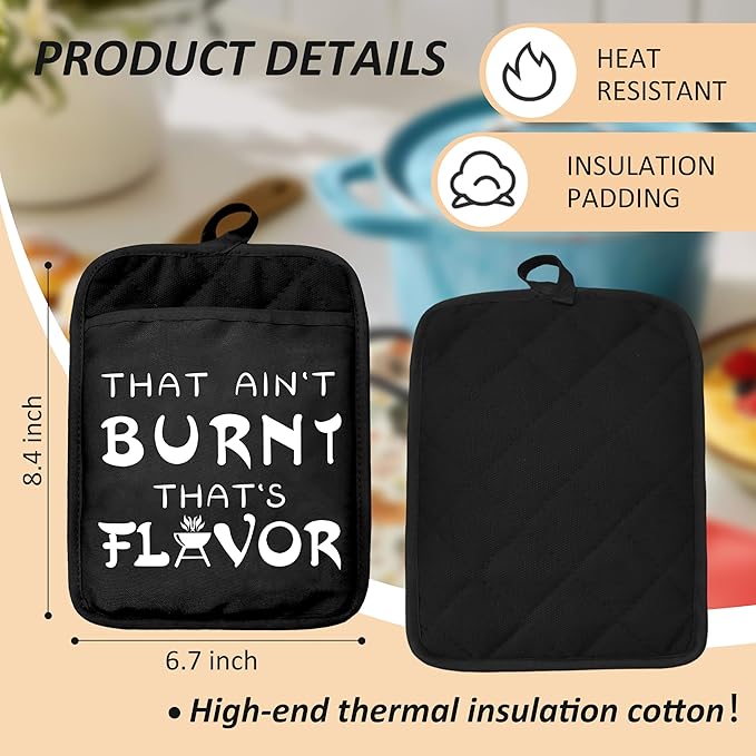 Funny Oven Mitts Set, BBQ Grilling Gifts, Funny Kitchen Gifts, That's Not Burnt That's Flavor Heat Resistant Kitchen Oven Gloves for Baking and Cooking,Pot Holders