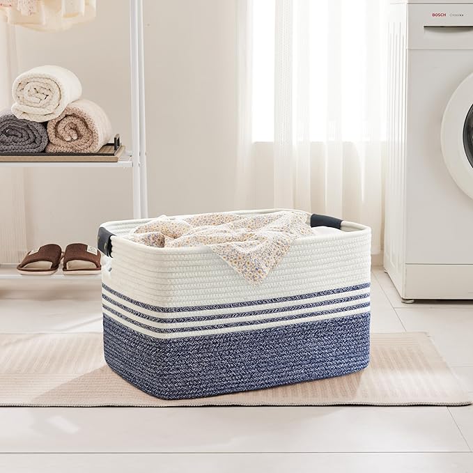 SunNewt 72L Large Laundry Basket with Leather Handles for Living Room Storage, Woven Rope Baskets Bin for Blanket, Kids Toy, Gifts, Wicker Hamper for Bedroom Dirty Clothes, 22"x17"x12" Denim Blue
