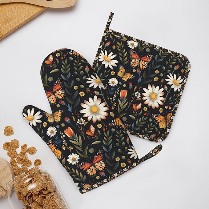 Oven Mitts Pot Holders Set Vintage Butterfly Daisy Leaf Silicone Kitchen Gloves Potholders Heat Resistant for Chef Baking Cooking Grilling BBQ 4 Pack Mitt