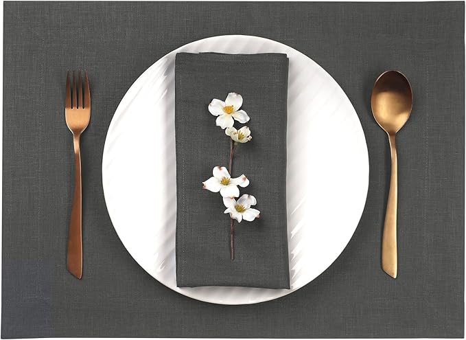 D'Moksha Homes Linen Charcoal Grey Placemats Set of 4-100% Pure Linen Placemats 14 x 19 Inch for Spring, Easter - Handcrafted and Machine Washable