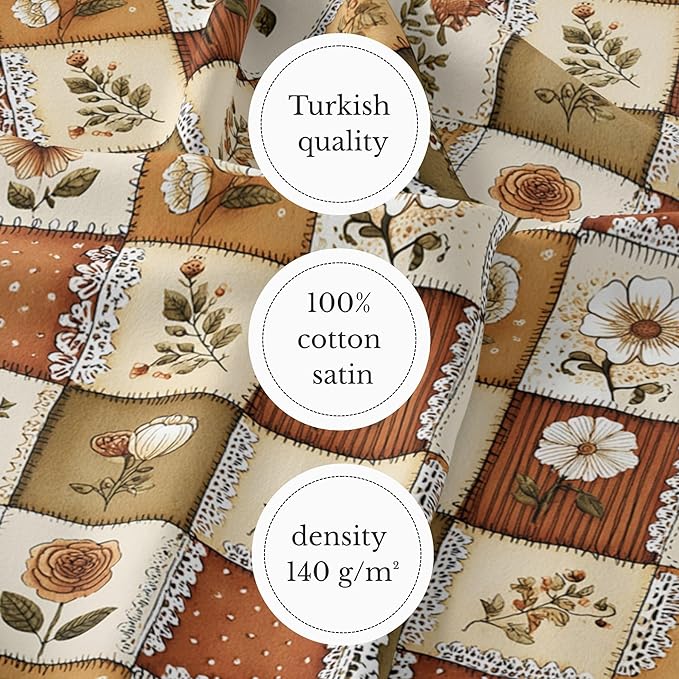 Autumn Lace Blossom Patchwork Cotton Fabric – Warm Beige & Brown Floral Patchwork Print Cotton 140 GSM, Panel 61 x 36.6 Inches, Pre-Cut Sewing Fabric Panel for Quilting, Crafts & Home Decor(USA Size)