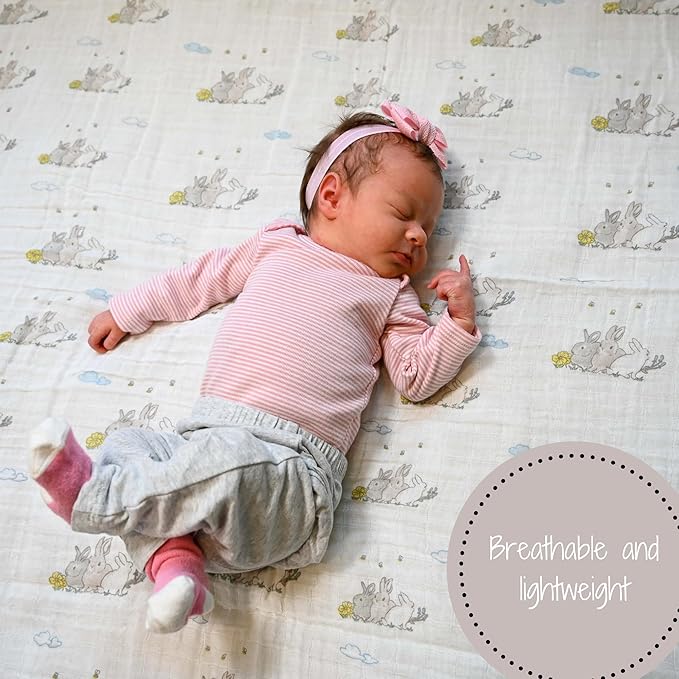 LollyBanks 100% Cotton Soft Muslin Swaddle Blankets, Rabbit Theme, 47 x 47 Inches, Unisex, Somebunny Loves You