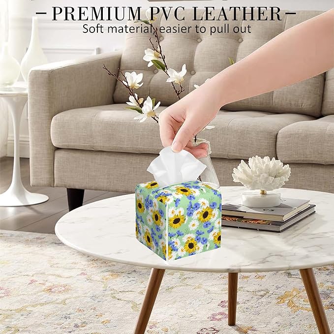 POIUBLE Tissue Box Holder Sunflowers, Cornflowers and Chamomile Tissue Box Cover Square Leather Tissue Holder Organizer Portable Decorative Facial Paper Case for Home Office Bathroom Vanity Countertop