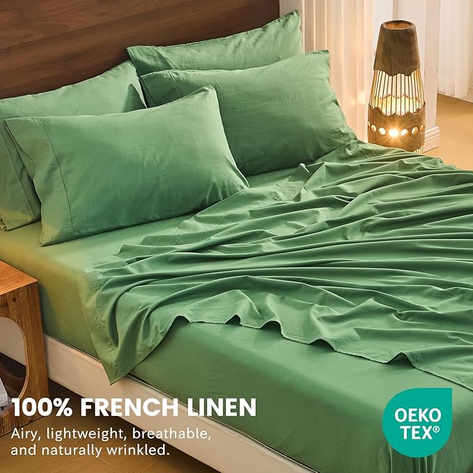 Bedlifes 100% French Linen Sheets California King Size 18-24" Extra Deep Pocket 4-Piece Set Breathable & Moisture-Wicking,Soft & Durable Sheets for Thick Mattresses(Sage Green)