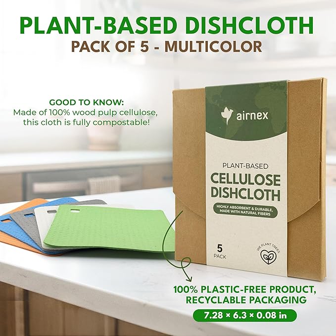 AIRNEX 5 Pack Cellulose Swedish Dishcloths for Kitchen - Eco-Concious Reusable Dish Towels & Cloths - Super Absorbent, Odor Resistant and Fast Drying Wash Cloths for Dishes & Surfaces