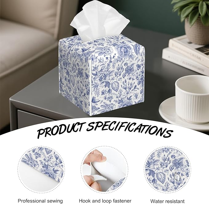 Vintage Blue Floral Tissue Box Holder,Cube Tissue Box Cover Holder,Leather Facial Paper Organizer Dispenser Home for Bedroom Night Stands,Kitchen,Office and Car,5.2"×5.2"×5.2"