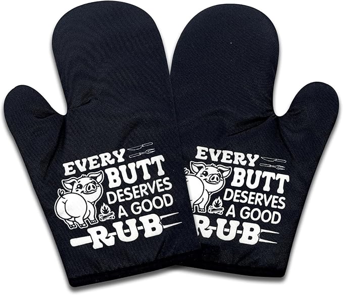 2 Pack Funny BBQ Oven Mitts for Men, Pig Pork BBQ Heat Resistant Silicone Non-Slip Mitts, Christmas Birthday Gifts for Dad Husband, Humor Kitchen Gifts for Men Chef Friend Pig Pork Lovers