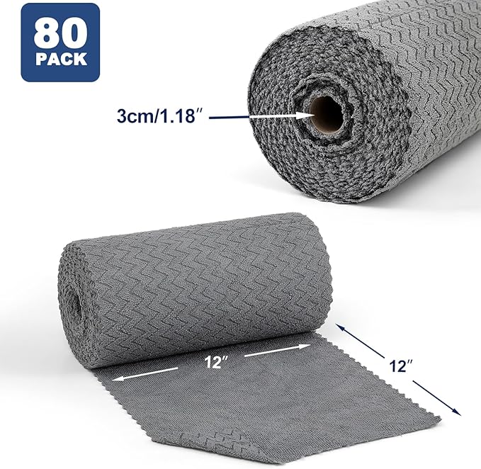Tigona 80 Pack Microfiber Cleaning Cloth Roll Reusable Paper Towels 12"x12" Tear Away Cloth,Absorbent Dish Rags for House Kitchen,Wash Cloths,Lint Free Rags for Window Cars Cleaning Supplies