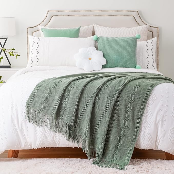 BATTILO HOME Sage Green Throw Blanket for Couch, Sage Green Decor, Knit Throw Blankets for Bed, Spring Throw Blanket Light Blue, 50"x60"