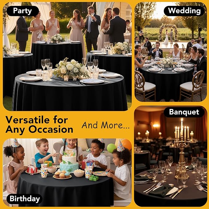 10-Pack Black Round Tablecloths, 90 Inches, Stain-Resistant Polyester for 4-5 Ft Round Tables - Washable Table Covers for Weddings, Banquets, Birthday Parties, Events