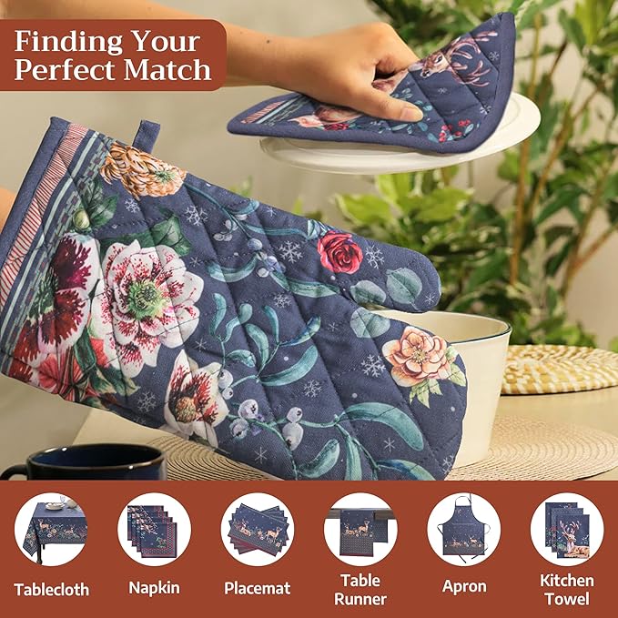 Maison d' Hermine Pot Holders Set 100% Cotton Heat Resistant Potholders 8" x 8" Hot Pads with Loop for Thanksgiving Christmas Decorations BBQ Baking Handling Hot Pans (Pack of 2, Christmas Joy)