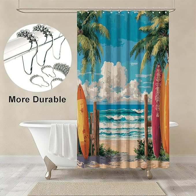 mutakin Coastal Surfboard Shower Curtain Tropical Palm Tree Shower Curtains for Bathroom Waterproof Fabric Bath Curtain Decor with Hooks
