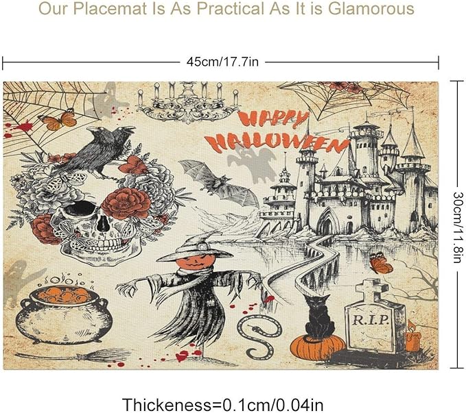 Halloween Placemats Vintage Rustic Farmhouse Gothic Dark Castle Halloween Witch Pumpkin Black Cat Raven Skull Moths Placemats Table Kitchen Dining Party 12x18 Inch Set of 4