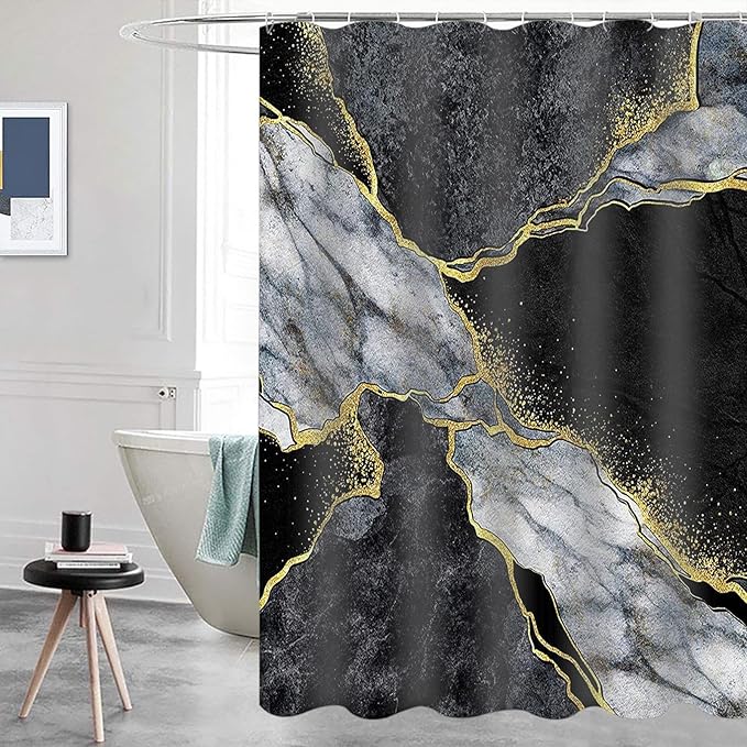 Domoku Marble Waterproof Shower Curtain with Hooks, Machine Washable Easy-Care Fabric Bathroom Curtain for Tub or Shower (Black, 72" W x84 L)