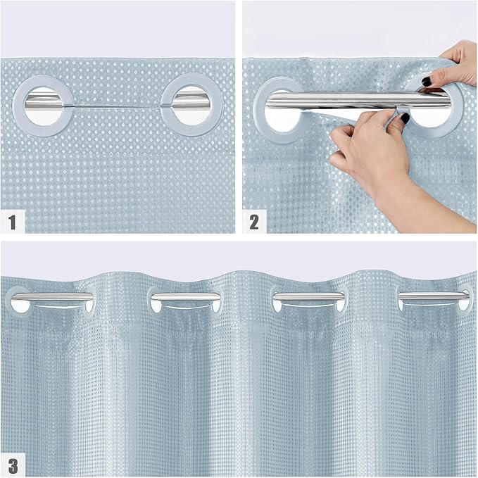 MitoVilla No Hooks Needed Blue Waffle Shower Curtain Liner Set, Modern Waffle Weave Heavy Duty Fabric Cloth Shower Curtain with Snap-in Liner for Luxury Neutral Hotel Spa Bathroom Decor
