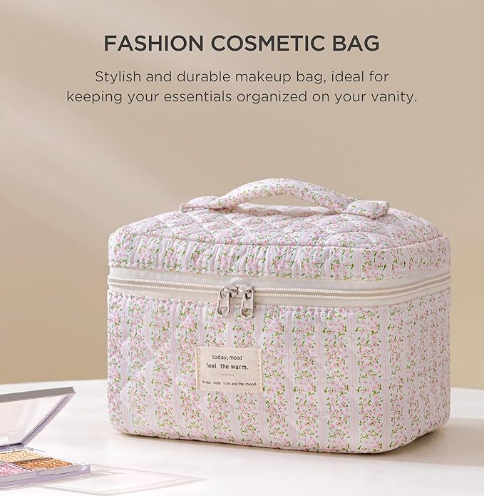HBselect Christmas Gifts Large Quilted Makeup Bag, Cute Cotton Travel Makeup Bag with Handle, Portable Coquette Floral Make up Bags, Toiletry Organizer Make up Bags for Women Teen Girls Mom