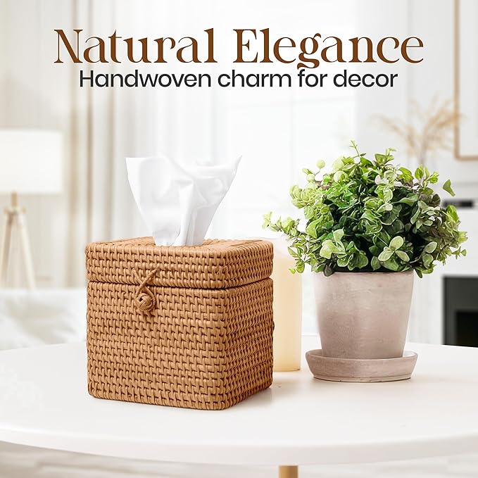 Natural Rattan Tissue Box Cover – 5.5x5.5x5.9 Inch - Stylish Handwoven Tissue Holder with Lid - Ideal for Bathroom Vanity, Bedroom, or Living Room Home Accent
