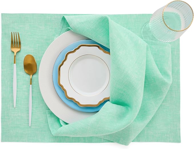 Solino Home Linen Cloth Napkins Set of 4-100% Pure Linen Chambray Aqua Dinner Napkins 20 x 20 Inch for Winter, Spring, Easter - Athena, Handcrafted and Machine Washable