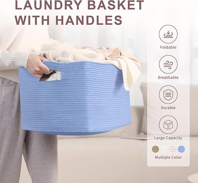 SunNewt 60L Small Baby Girls Laundry Basket for Nursery Storage,Cute Woven cotton Rope Baskets for Kids Toy，Gifts, Boho Square Wicker Blanket hamper for Living Room,Bedroom Dirty Clothes,Blue Purple