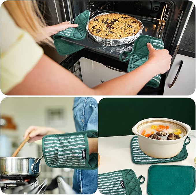 Silicone Pot Holders Set of 3 Heat Resistant & Non Slip Potholders, Professional Oven Hot Pads with Pockets Mitts for Kitchen Cooking Baking Barbecue (Emerald Green, 3)