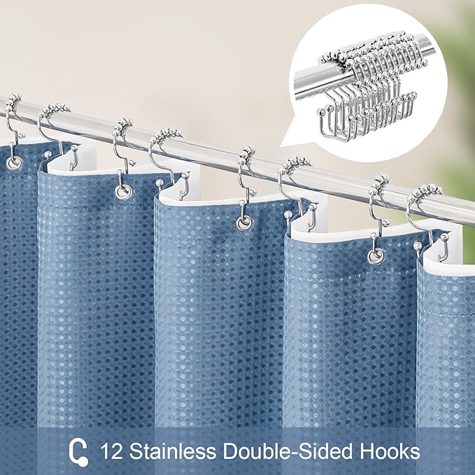 Craidlela 3 in 1 Stall Half Size Moonlight Blue Shower Curtain Set-36 W x 72 H, Modern Waffle Waterproof Fabric and PEVA Liner Set with Stainless Steel Hooks