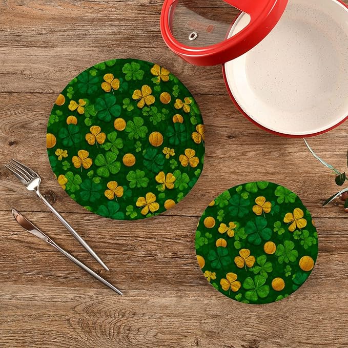 Boccsty Saint Patricks Day Trivet Mat 2PCS Clover Leaves Coin Round Woven Potholders Kitchen Table Countertop Protector Hot Pads Farmhouse Coasters Counter Mats for Cooking Baking