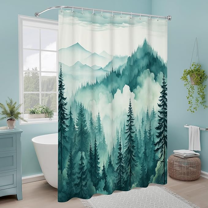 Litabel Teal Blue Long Misty Pine Forest Shower Curtain 72 x 78, Mountain Foggy Woodland Scenery Tree 78 Inch Long Shower Curtains for Bathroom, Turquoise Abstract Waterproof Nature-Themed Decor