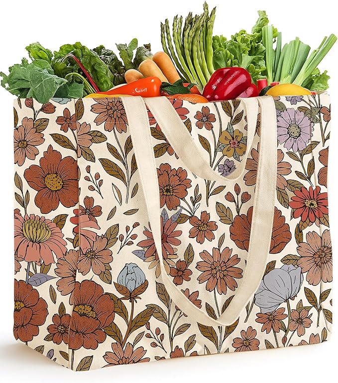 Miss Adola Large Canvas Grocery Tote Bag - Reusable Extra Large Shopping Shoulder Bags with 6 Inner Pockets & 2 Handle Strap