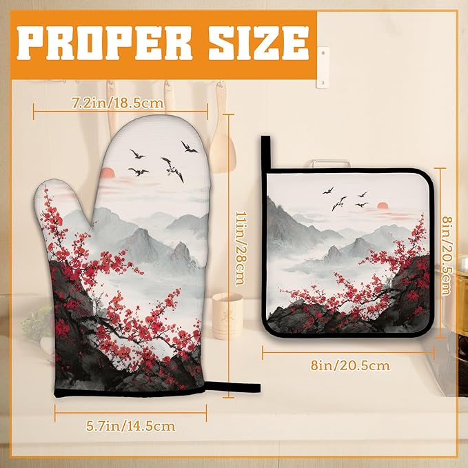 Cherry Blossom Moutain Oven Mitts and Pot Holders,Red Sun Japan Heat Resistant Oven Mitts Gloves and Pot Holder for Home Kitchen Decorations Cooking Baking BBQ Gifts,Set of 4