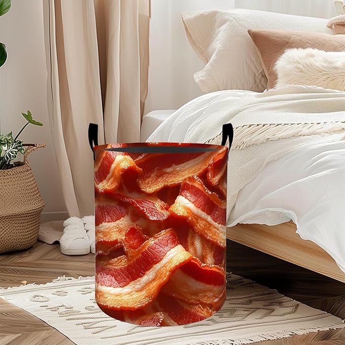 ainori Bacon Laundry Basket, Oxford Cloth Funny Realistic Dirty Clothes Collapsible Hamper for Room Decor, Food Meat and Breakfast Print Gifts Toy Organizer 19.7 * 15.8 Inch for Bedroom Bathroom Dorm